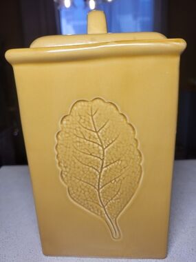 Vintage Lillian Vernon Yellow Ceramic Leaf Canister with Lid